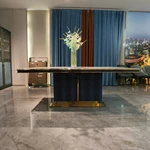 Green Wave Marble Dining Table with Snake-Skin Texture Base & Gold Stainless Steel Accents